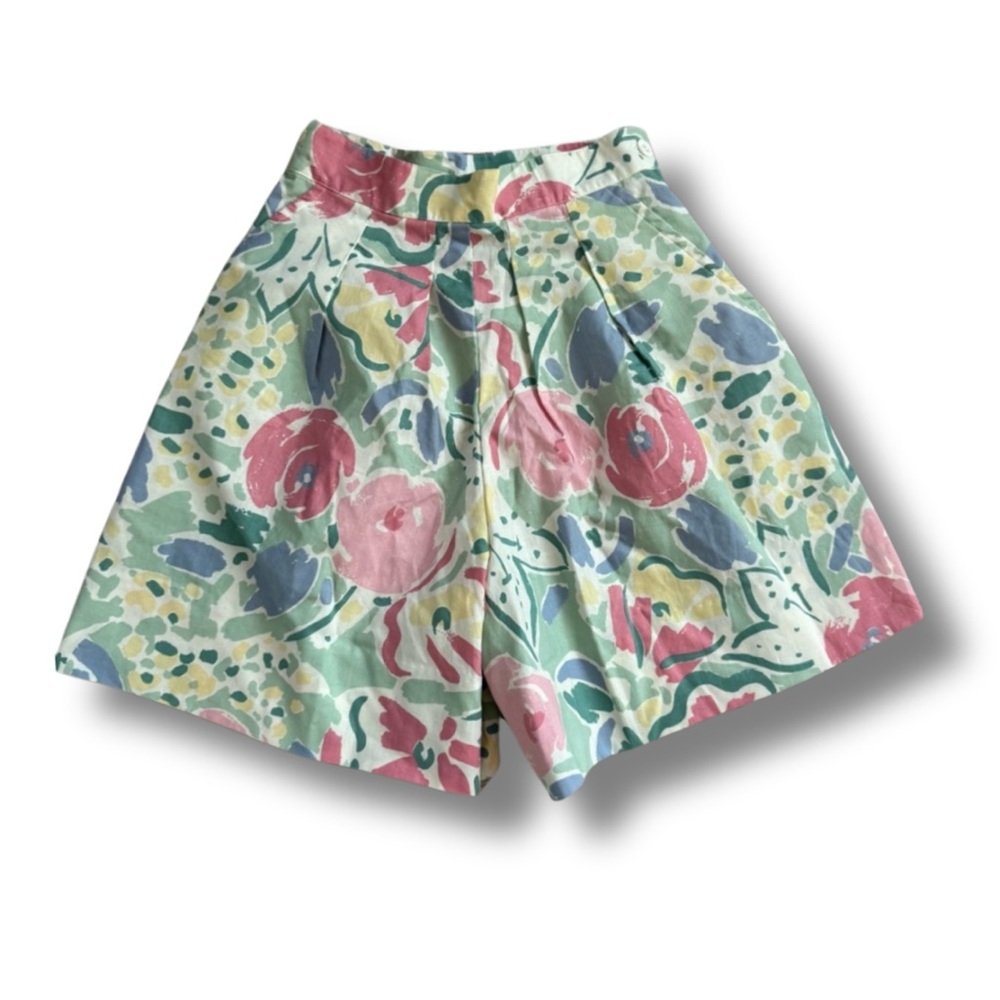 Vintage Laura Ashley Floral Cotton Pastel Garden High Waist Pleated Shorts